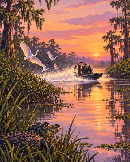 Airboat speeding through a swamp at sunset with an alligator in the reeds