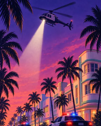 Police helicopter lighting up a street lined with art deco buildings